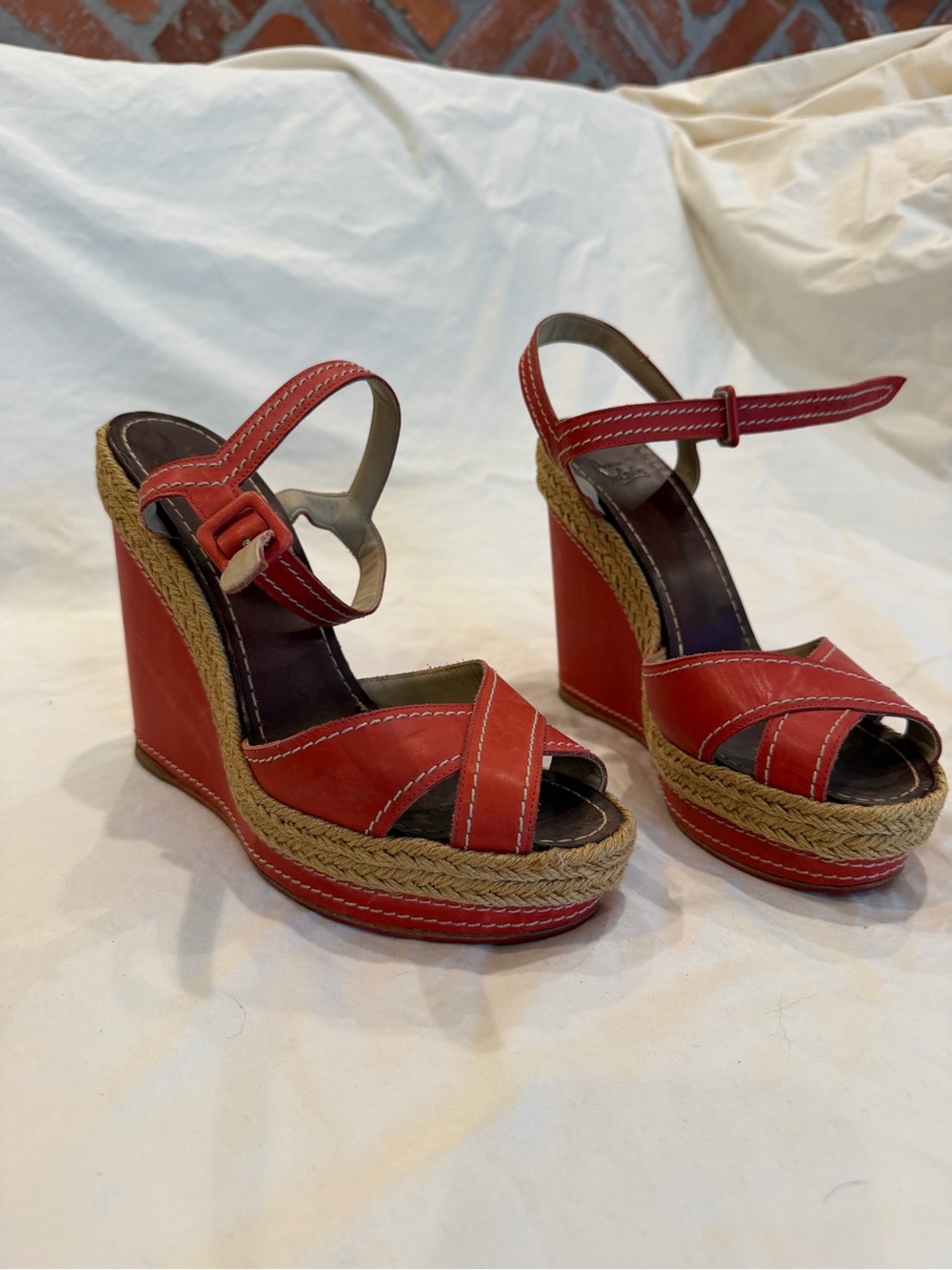 Christian Louboutin Red Leather Espadrille Wedge Sandals with Ankle Strap